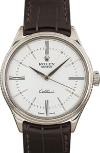 Rolex Cellini 39MM 18k White Gold, White Dial Rolex Leather Strap, B&P (2015)