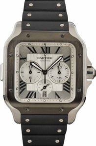 Cartier Santos 43.3MM Stainless Steel, Rubber Band Silver Roman Dial, B&P (2020)