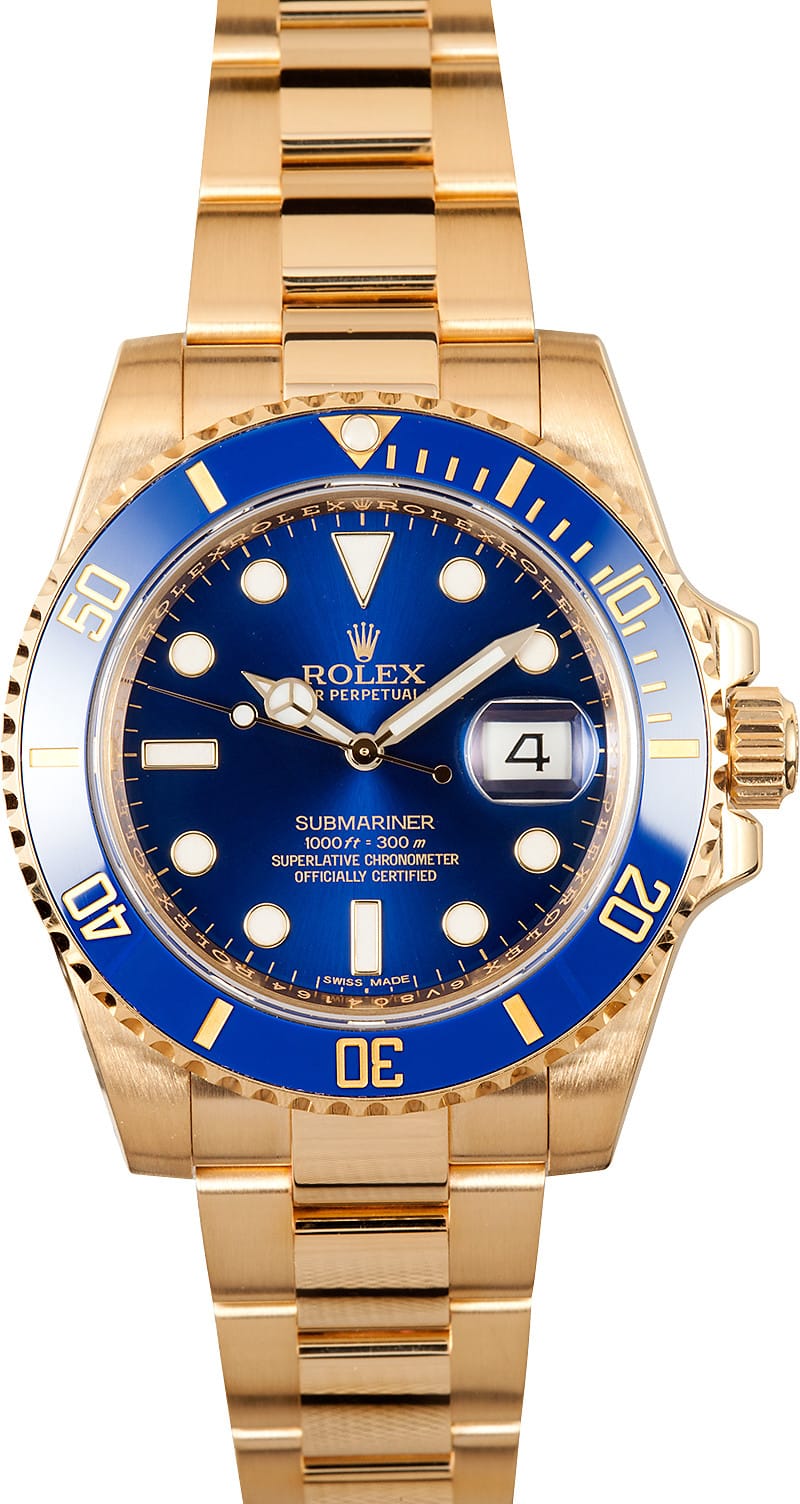 Rolex Submariner 116618 Watch -Blue Dial 18k Gold - 100% Genuine