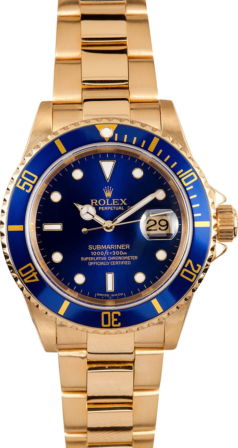 Rolex Submariner Blue Dial 18k Gold Ref 16618 - Low Prices, Ships FREE