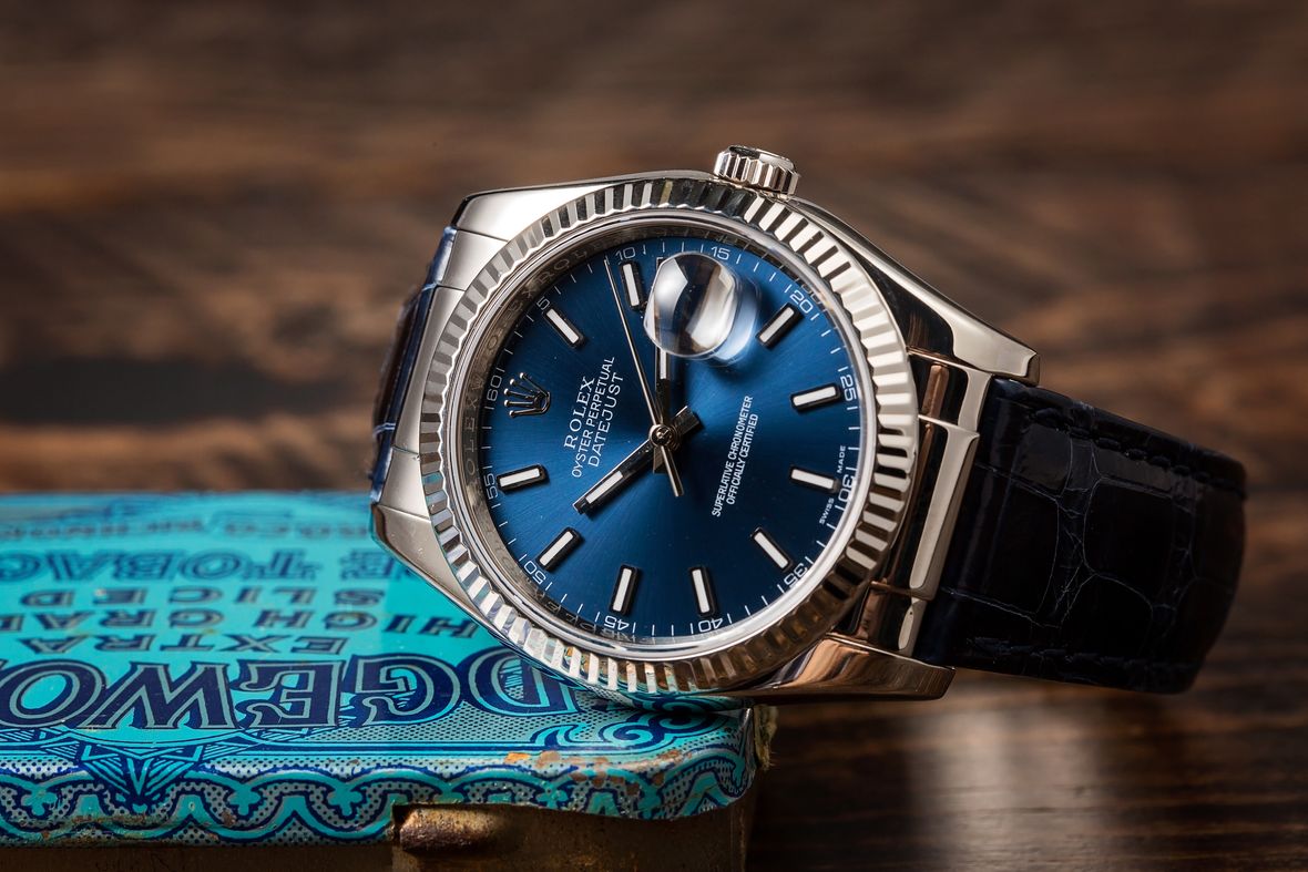 Rolex Datejust 36 White Gold Leather Strap Blue Dial