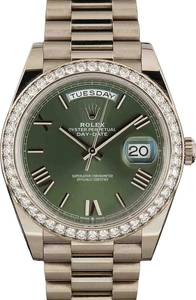 Pre-Owned Rolex Day-Date 40 Ref 228349 Olive Green Roman Dial
