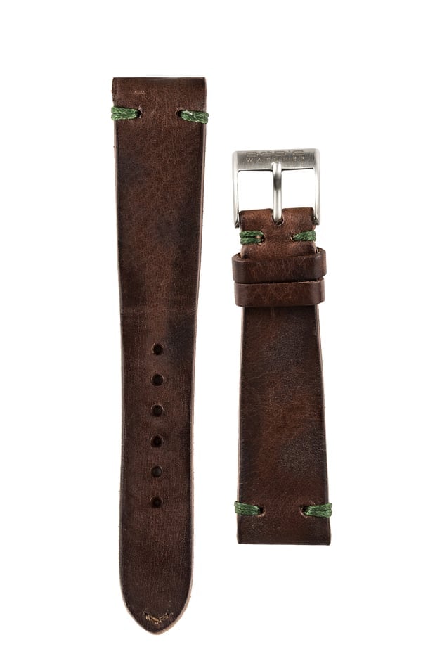 Italian Leather Strap Dark Brown w/ Green Stitch 20mm