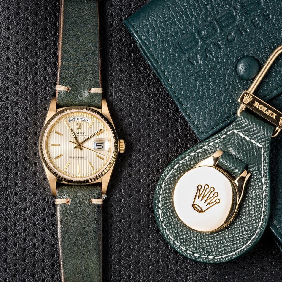 Italian Leather Strap Dark Green w/ Tan Stitch 20mm