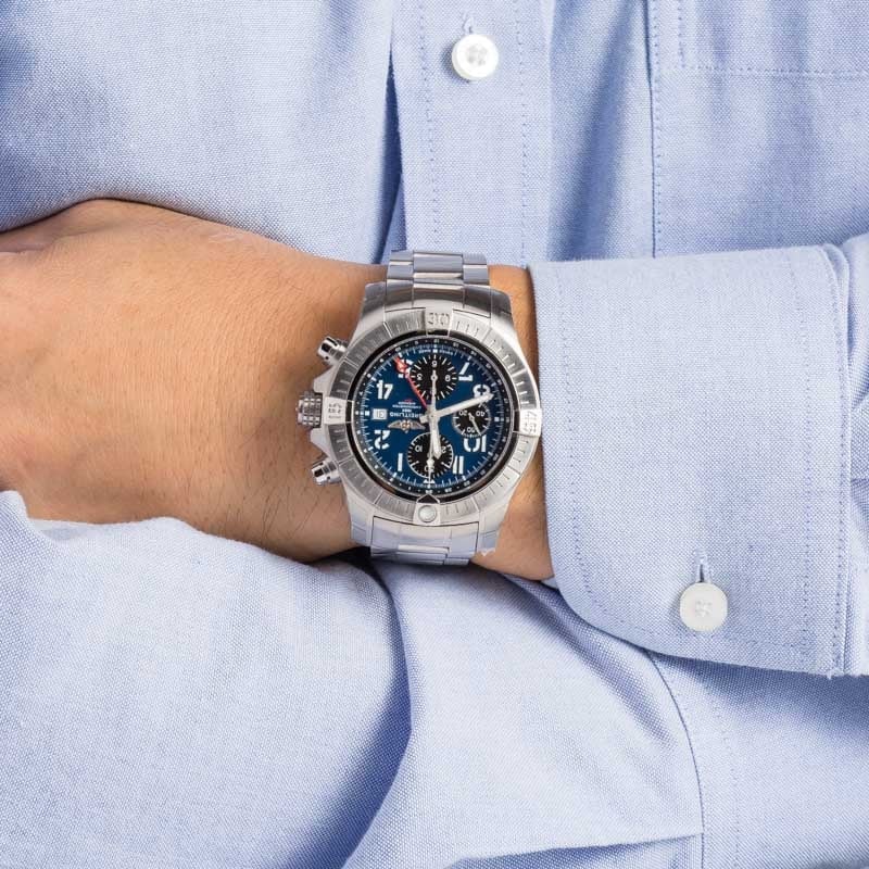 Pre-owned Breitling Avenger Chronograph GMT 45 Blue Arabic Dial