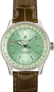 Factory Stickered Breitling Navitimer Automatic 35 Steel on Green Leather Strap