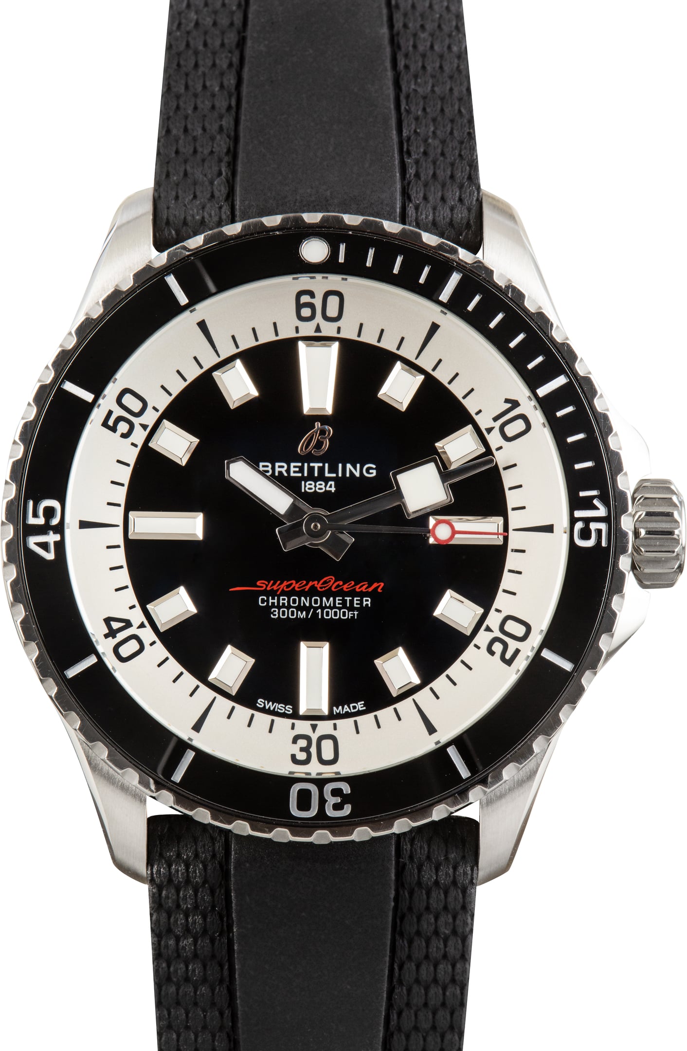 Pre-Owned Black Dial Breitling Superocean Automatic 42 Steel on Rubber Strap