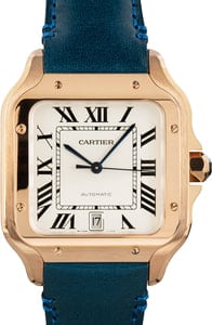 Cartier Santos 39.8MM 18k Rose Gold, Leather Strap Silver Roman Dial, B&P