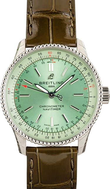 Factory Stickered Breitling Navitimer Automatic 35 Steel on Green Leather Strap