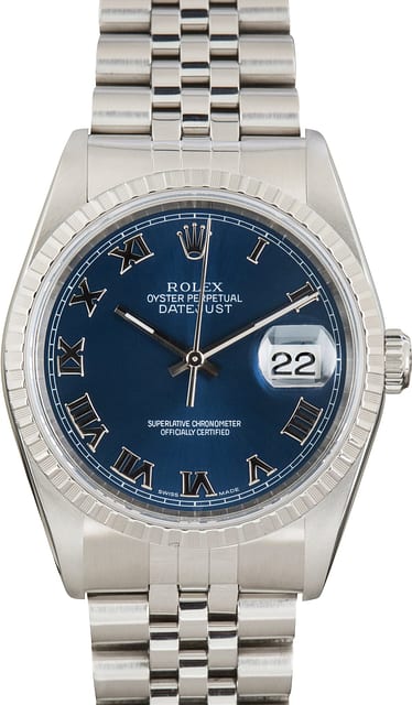Pre-Owned Rolex Datejust 36 ref 16220 Blue Roman Dial