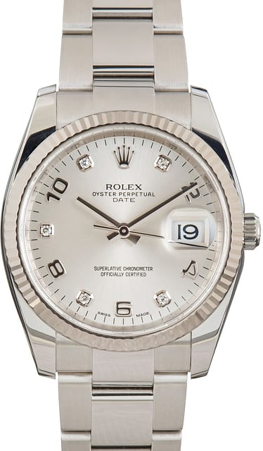 Rolex Date 115234 Silver Arabic Diamond Dial