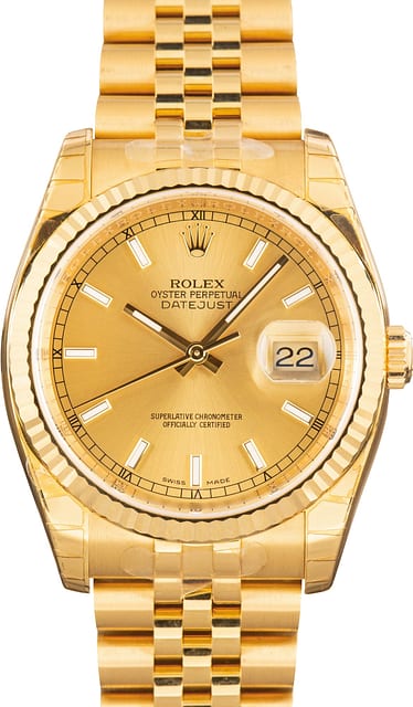Factory Stickered Rolex Datejust 36 Ref 116238 Yellow Gold