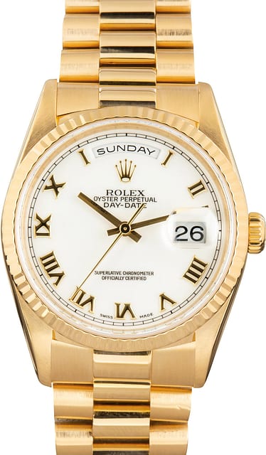 Pre-Owned Rolex Day-Date 36 Yellow Gold 18238 White Roman Dial