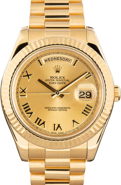 Pre-Owned 18k Yellow Gold Rolex Day Date II ref 218238 Champagne Dial