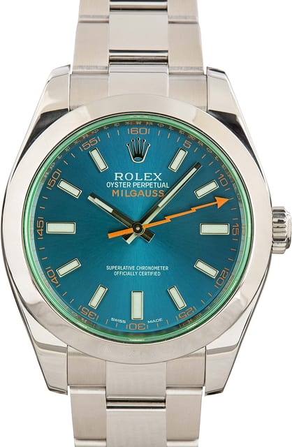 Pre-Owned Rolex Milgauss Green Crystal ref 116400GV Blue Dial