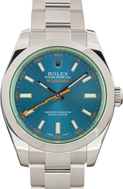 Pre-Owned Rolex Milgauss Blue Dial ref 116400GV Green Crystal