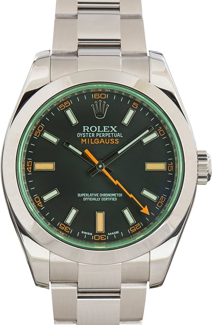 Used Rolex Milgauss Green Crystal 116400V Black Chromalight Dial