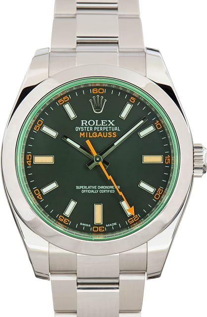 Pre-Owned Green Crystal Rolex Milgauss 116400V Black Dial