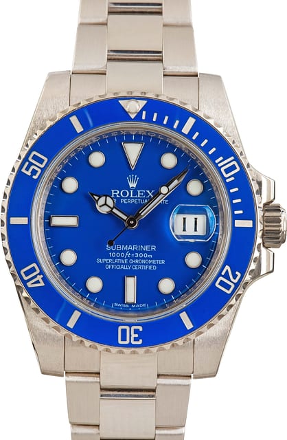 Pre-Owned 18k White Gold Rolex Submariner Ref 116619 Blue Smurf