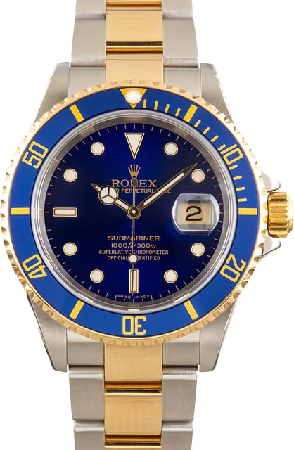 Pre-Owned No Holes Case Rolex Submariner 16613T Blue Dial