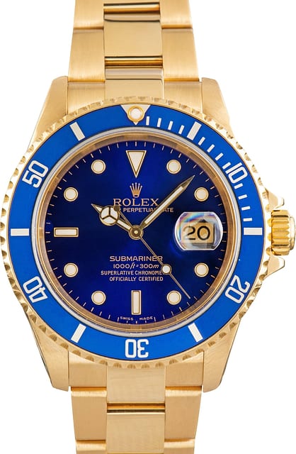 Blue Dial Rolex Submariner 16618 Yellow Gold Oyster