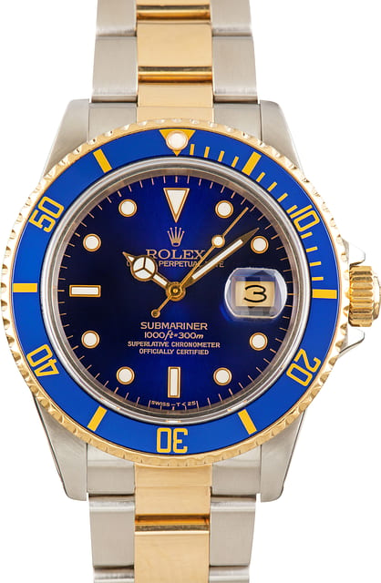 Pre-Owned Two Tone Rolex Submariner 16803 Blue Dial
