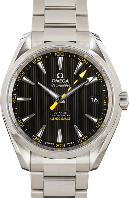 Pre-Owned Steel Omega Seamaster Black Teak Dial Aqua Terra