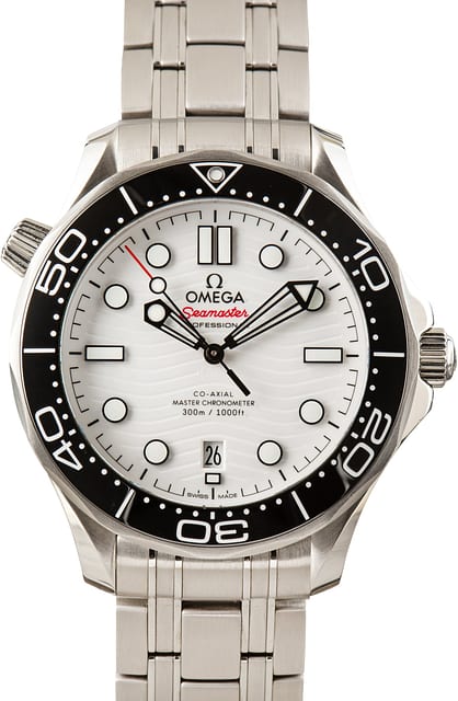 Pre-Owned White Wave Dial Omega Seamaster Diver 300M Stainless Steel