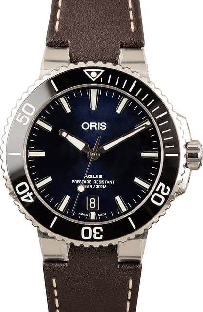 Mens Oris Aquis Leather Strap Blue Dial