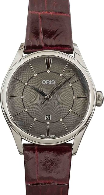 Ladies Oris Artelier Date Diamonds Bordeaux Leather Strap