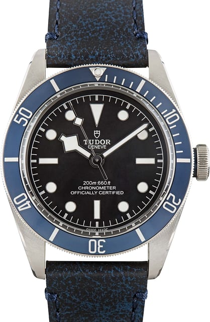 Used Blue Bezel Tudor Black Bay Ref 79230B Steel on Leather