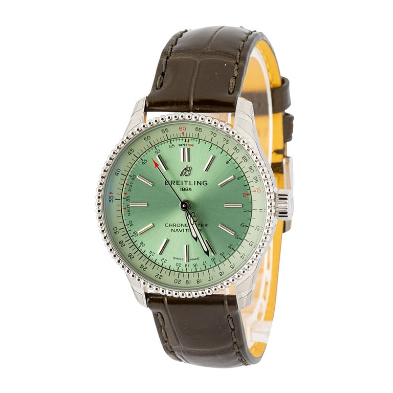 Factory Stickered Breitling Navitimer Automatic 35 Steel on Green Leather Strap