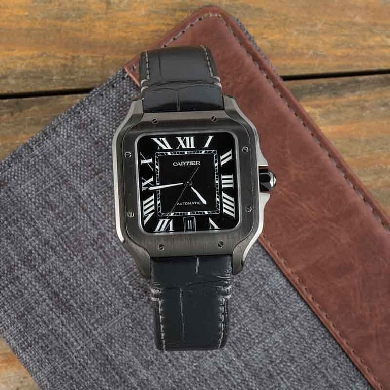 Pre-Owned Santos de Cartier WSSA0039 Large Black Steel Model