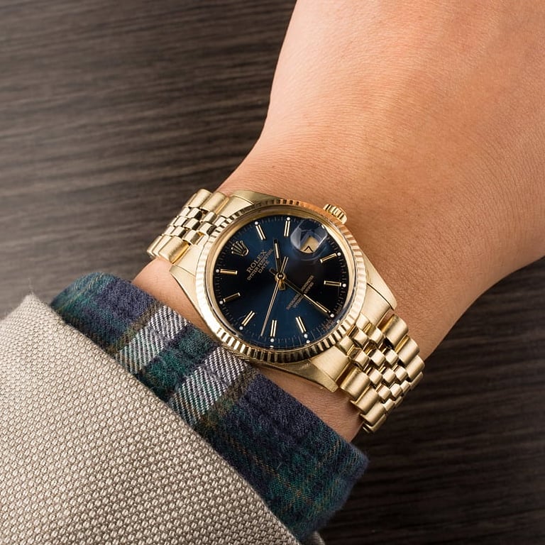 Rolex Date 15037 Yellow Gold Jubilee Bracelet Blue Dial