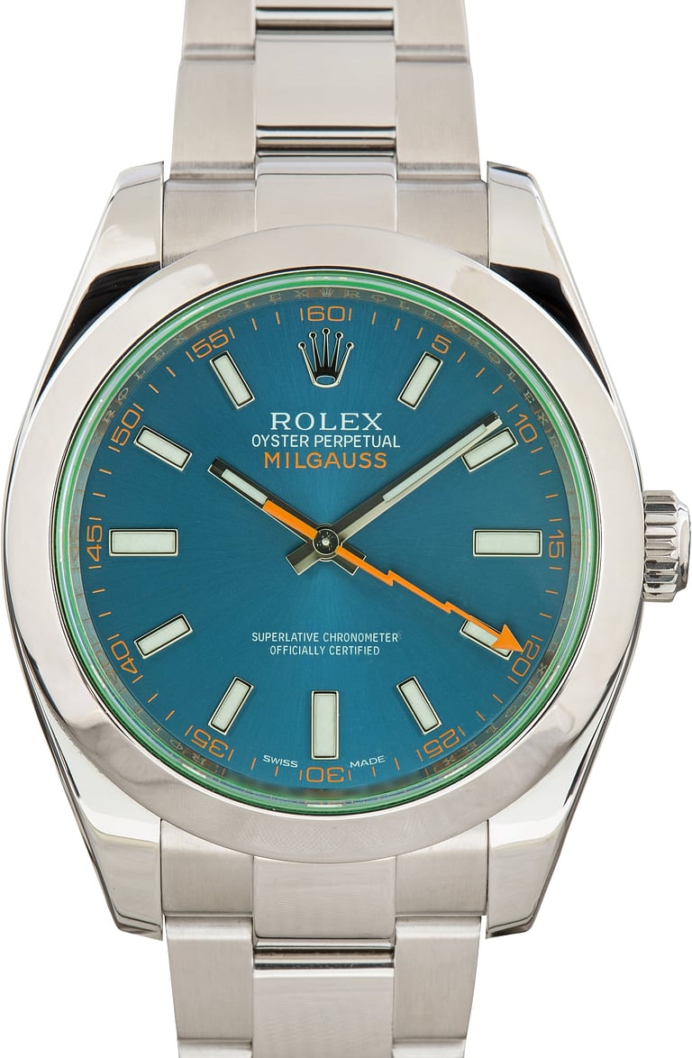 Pre-Owned Rolex Milgauss Blue Dial Green Crystal ref 116400GV