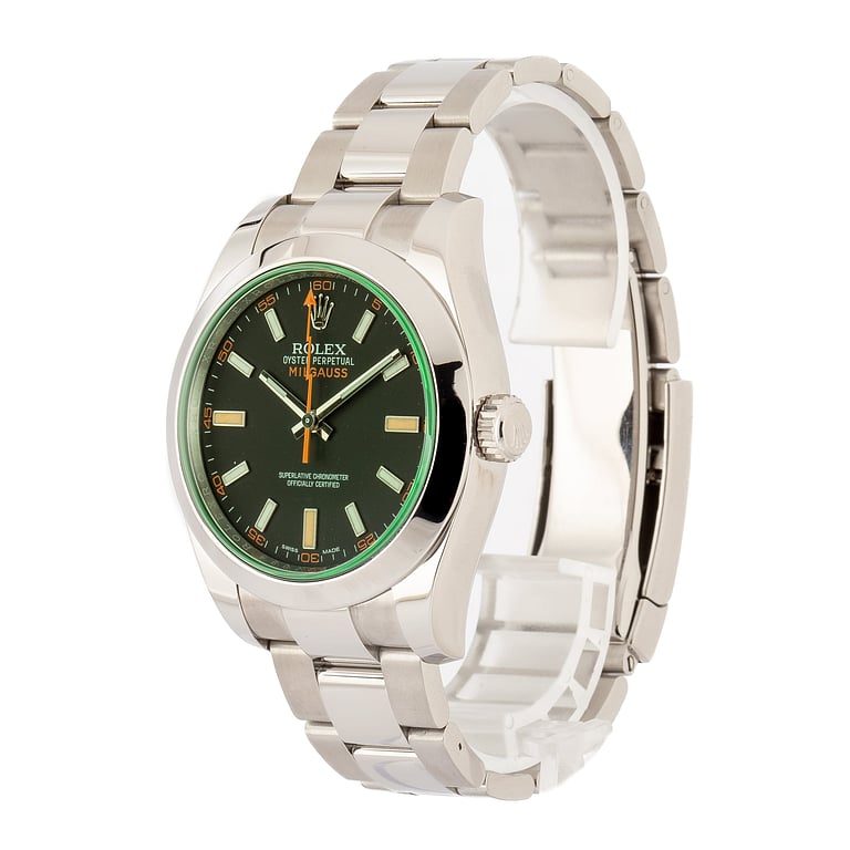 Pre-Owned Rolex Milgauss Green Crystal ref 116400V Black Dial