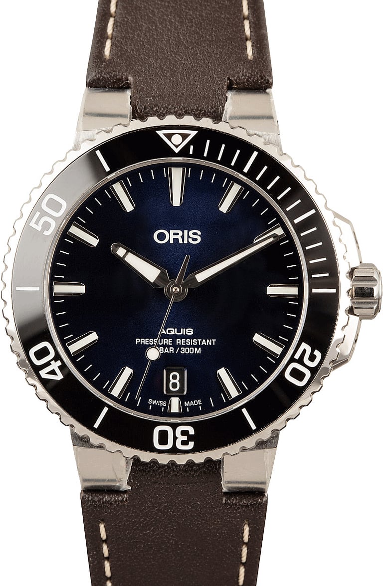 Mens Oris Aquis Leather Strap Blue Dial