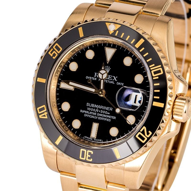 Pre Owned Rolex Submariner 116618 Black Dial Yellow Gold Oyster