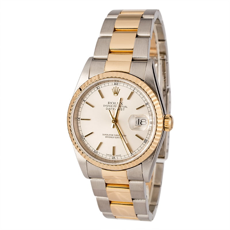 Rolex Mens Two Tone Datejust 16233 Silver Dial