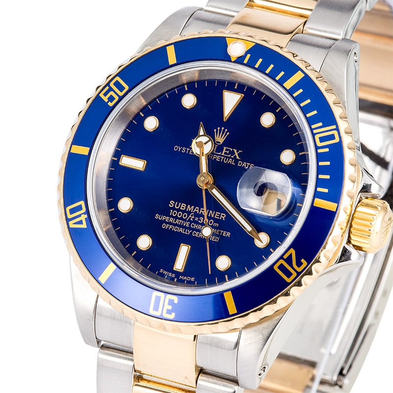 Two-Tone Rolex Blue Submariner 16613 Gold Clasp