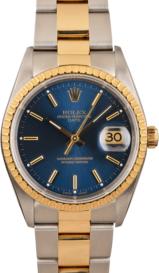 Rolex Date Pre-Owned Blue Dial 15223 34MM Two Tone, B&P (2002)