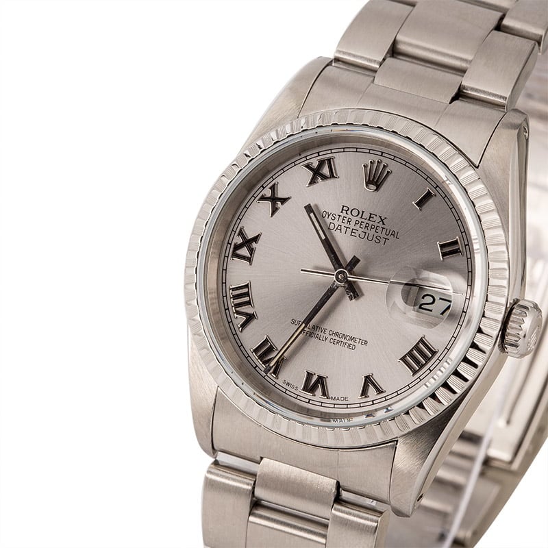 Rolex Datejust 16220 Silver Roman Dial Engine Turned Bezel