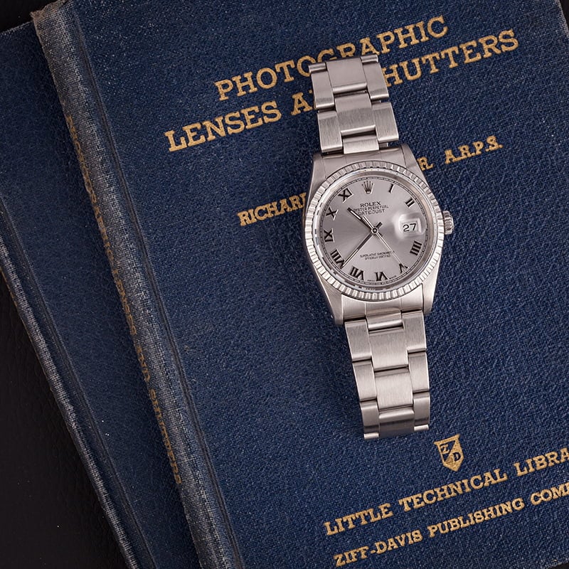 Rolex Datejust 16220 Silver Roman Dial Engine Turned Bezel