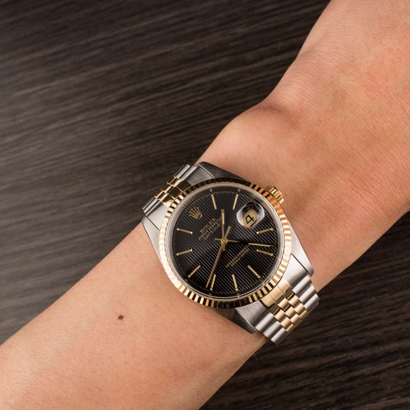 PreOwned Rolex Datejust Two Tone 16233 Black Tapestry Dial