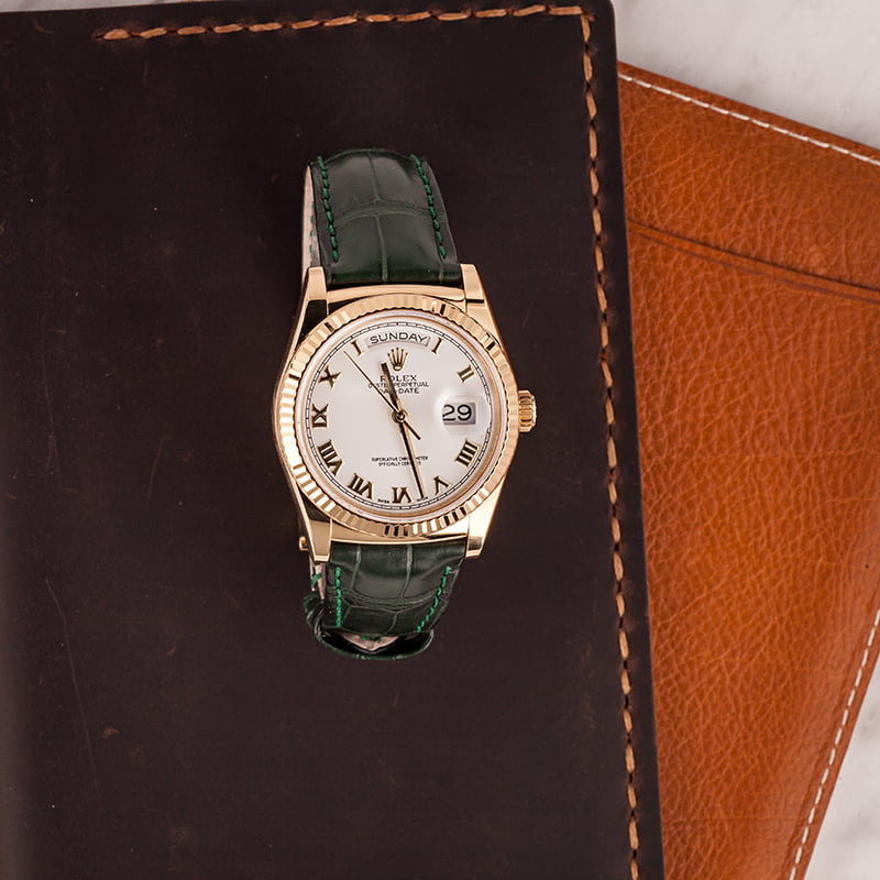 Pre Owned Rolex Day-Date 118138 Green Leather Strap