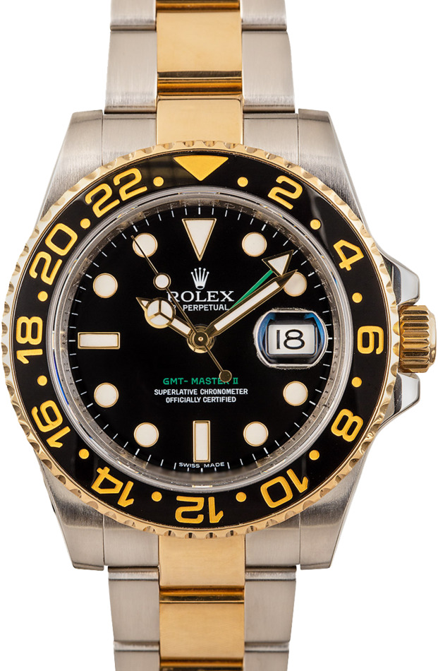 Rolex GMT-Master II Pre-Owned 40MM Steel & Gold 116713 Black Dial, Rolex  Box (2007)
