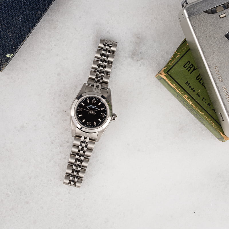 Pre Owned Rolex Ladies Oyster Perpetual 76080 Black Dial