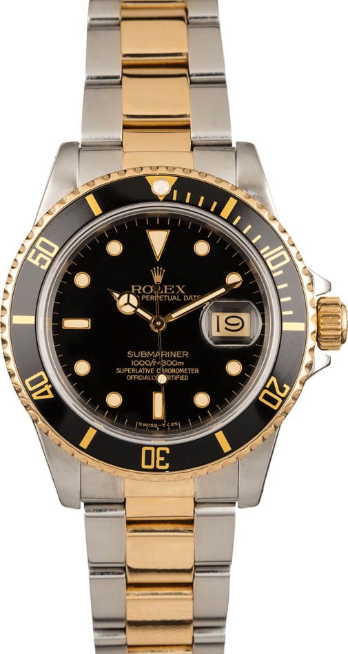 Pre Owned Rolex Two Tone Submariner 16803 Black Dial
