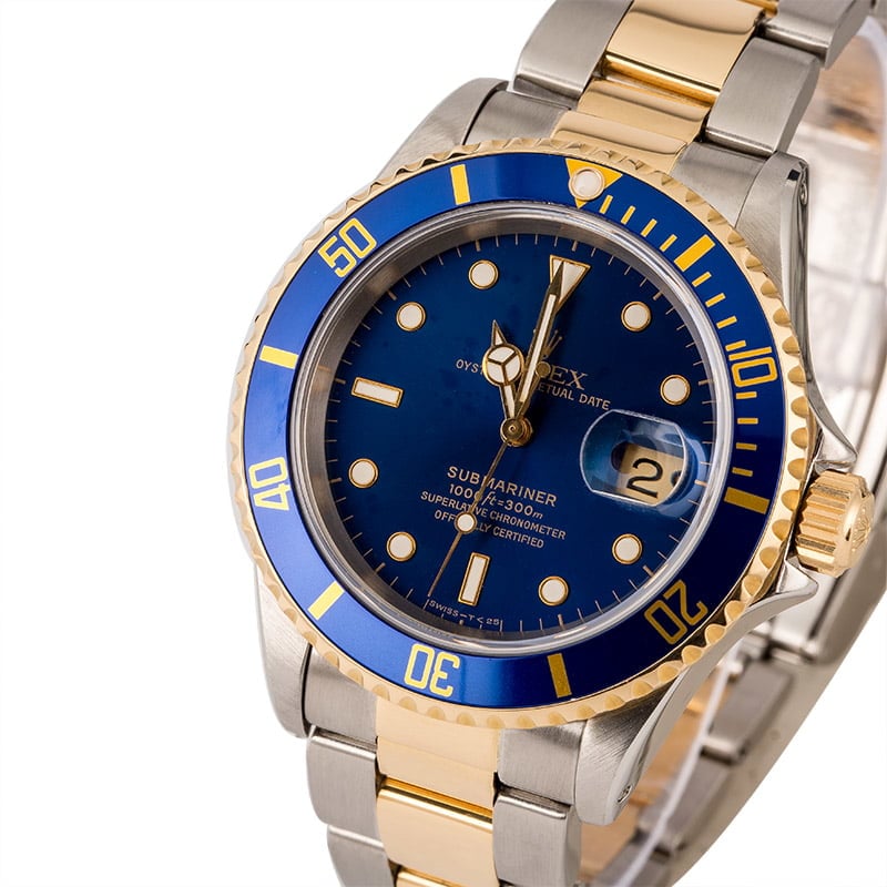 Mens Used Two Tone Blue Dial Rolex Submariner 16613