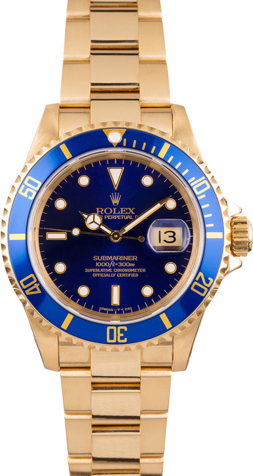 Rolex Yellow Gold Submariner 16618 Blue Dial